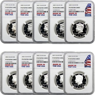 1999-2008 S Silver Proof Kennedy Half Dollar Set NGC PF69 Ultra Cameo Made in the USA Holder