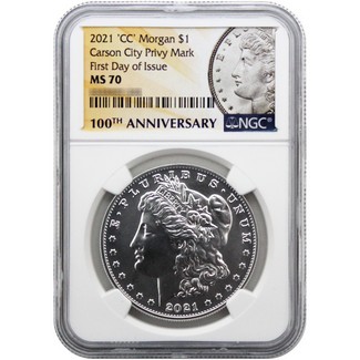2021 "CC" Privy Mark Morgan Silver Dollar NGC MS70 First Day Issue Centennial Label