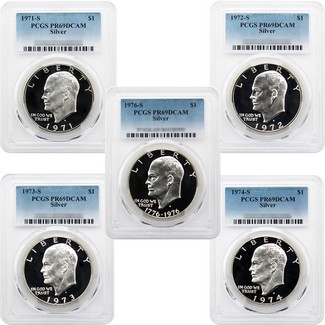 1971 - 1976 Silver Eisenhower Dollar Set 5 Coins PCGS PR69 DCAM