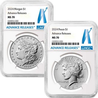 2024 Morgan and Peace Silver Dollar Set NGC MS70 Advance Releases AR Label