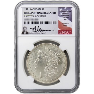 1921 P Morgan Silver Dollar NGC Brilliant Uncirculated Thomas J. Uram Signed