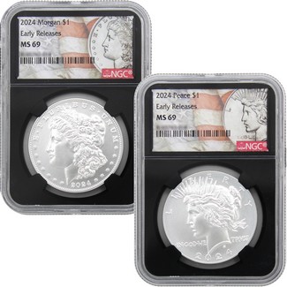 2024 Morgan and Peace Silver Dollar Set NGC MS69 ER Black Core Morgan/Peace Dollar Flag Label