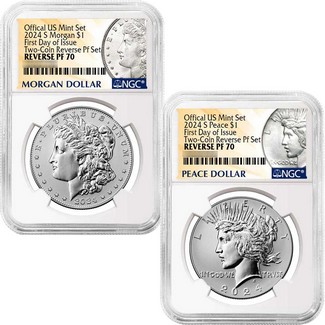 2024 S Reverse Proof Morgan & Peace Silver Dollar Set NGC PF70 FDI Morgan and Peace Label