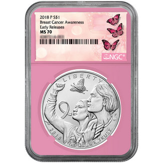 2018 $1 Silver Breast Cancer Awareness Commem. NGC MS70 Pink Core ER