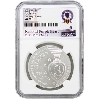 2022 W UNC Silver Dollar Purple Heart Commem NGC MS 69 FDI National Purple Heart Honor Mission Label