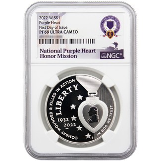 2022 W Proof Dollar Purple Heart Commem NGC PF 69 UC FDI National Purple Heart Honor Mission Label