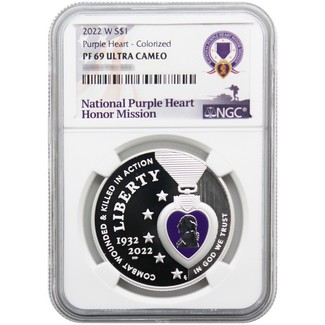 2022 W Proof Colorized Silver Dollar Purple Heart Commem NGC PF69 UC National Purple Heart Label