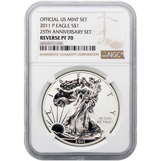 2011 P 25th Anniversary Reverse Proof Silver Eagle NGC PF70  Brown Label