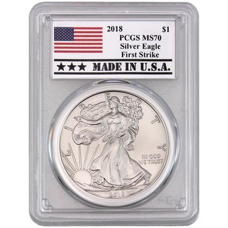 2018 Silver Eagle PCGS MS70 First Strike Flag - Made in USA Label