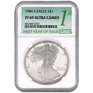 1986 S Proof Silver Eagle NGC PF69 Ultra Cameo First Year Issue Label
