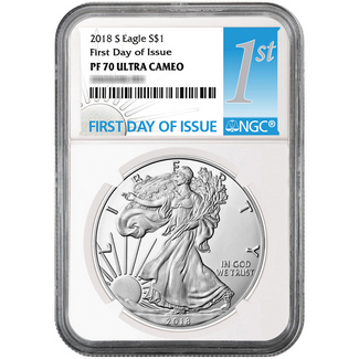 2018 S Proof Silver Eagle NGC PF70 UC 1st Day Issue Label White Core