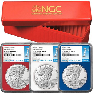 2019 W Red, White & Blue Proof Silver Eagles NGC PF70 Ultra Cameo First Day Issue