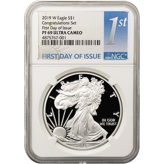 2019 W 'Congratulations Set' Proof Silver Eagle NGC PF69 Ultra Cameo First Day Issue White Core