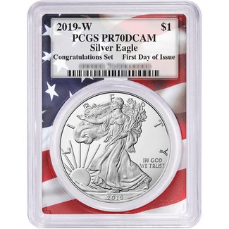 2019 W 'Congratulations Set' Proof Silver Eagle PCGS PR70 DCAM First Day Issue Flag Picture Frame