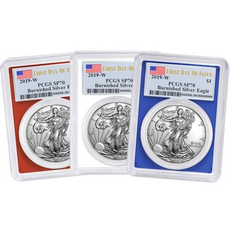 2019 W Red, White & Blue Burnished Silver Eagles PCGS SP70 First Day Issue Flag Label