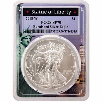 2018 W Burnished Silver Eagle PCGS SP70 Statue of Liberty Picture Frame (POP=188)