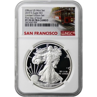 2019 S 'Limited Edition Set' Proof Silver Eagle NGC PF70 Ultra Cameo First Day Issue Cable Car Label