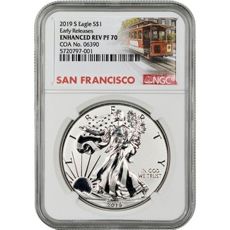 2019 S Enhanced Reverse Proof Silver Eagle NGC PF70 Early Releases Cable Car Label