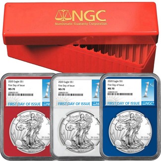2020 Red, White, & Blue Silver Eagle Set NGC MS70 First Day Issue 1st Label
