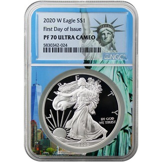 2020 W Proof Silver Eagle NGC PF70 Ultra Cameo First Day Issue Statue of Liberty Core