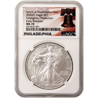 2020 (P) Struck at Philadelphia Silver Eagle 'Emergency Production' NGC MS70 ER Liberty Bell Label