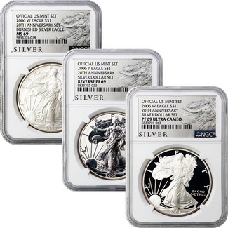 2006 3 Piece Silver Eagle 20th Anniversary Set NGC 69 American Liberty Series Label