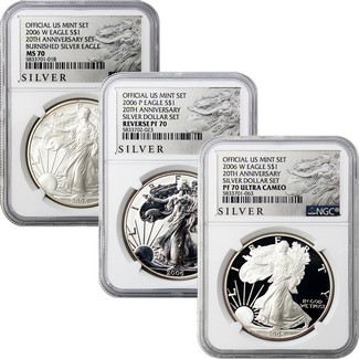 2006 3 Piece Silver Eagle 20th Anniversary Set NGC 70 American Liberty Series Label