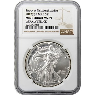 2017 (P) Struck at Philadelphia Silver Eagle NGC Mint Error MS69 "Weakly Struck" Brown Label