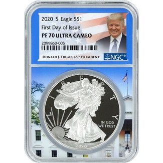 2020 S Proof Silver Eagle NGC PF70 Ultra Cameo First Day Issue Trump White House Core