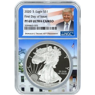 2020 S Proof Silver Eagle NGC PF69 Ultra Cameo First Day Issue Trump White House Core