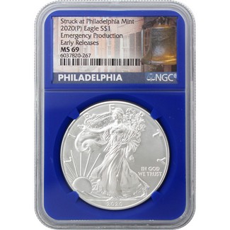 2020 (P) Struck at Philly Silver Eagle 'Emergency Production' NGC MS69 ER Bell Label Blue Core