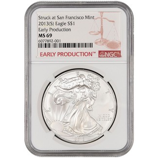 2013 (S) Struck at S.F. Silver Eagle NGC MS69 Early Production Burgundy Label