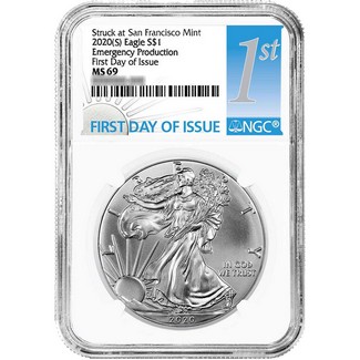 2020 (S) Struck at San Francisco Silver Eagle 'Emergency Production' NGC MS69 FDI 1st Label