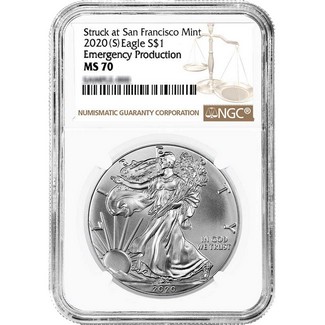 2020 (S) Struck at San Francisco Silver Eagle 'Emergency Production' NGC MS70 Brown Label