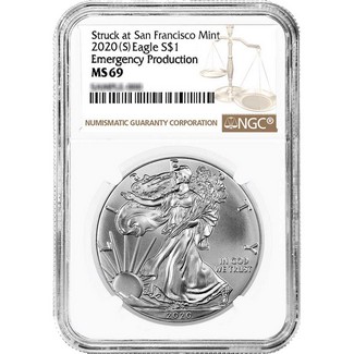 2020 (S) Struck at San Francisco Silver Eagle 'Emergency Production' NGC MS69 Brown Label