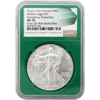 2020(S) Struck at San Francisco Silver Eagle "Emergency Production" NGC MS70 Green Core