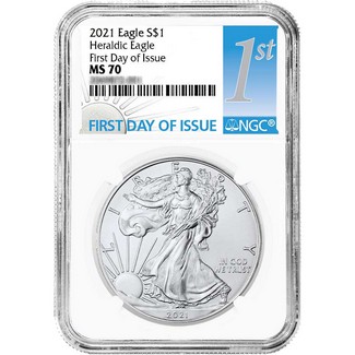 2021 Heraldic Silver Eagle NGC MS70 First Day Issue White Core 1st Label