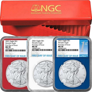 2021 Red, White, & Blue Heraldic Silver Eagle Set NGC MS70 First Day Issue 1st Label