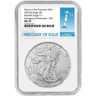 2021 (S) Struck at San Francisco Silver Eagle 'Emergency Production' NGC MS70 FDI 1st Label