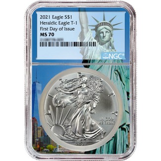 2021 Heraldic Silver Eagle NGC MS70 First Day Issue Statue of Liberty Core