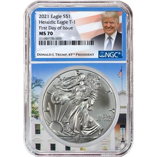 2021 Heraldic Silver Eagle NGC MS70 First Day Issue Whitehouse Core Trump Label