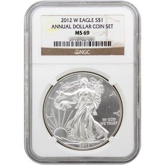 2012 W Burnished Silver Eagle NGC MS69 From the Annual Dollar Set Brown Label