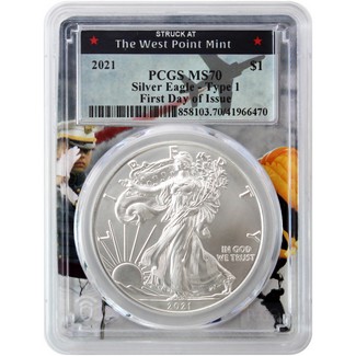 2021 Heraldic Silver Eagle PCGS MS70 First Day Issue West Point Frame