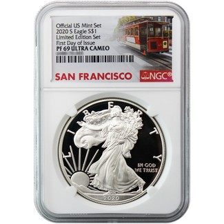 2020 S 'Limited Edition Set' Proof Silver Eagle NGC PF69 Ultra Cameo First Day Issue Cable Car Label