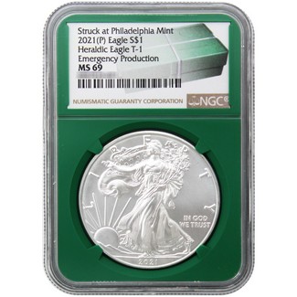 2021 (P) Struck at Philadelphia Ty-1 Heraldic Silver Eagle Emergency Production NGC MS69 Green Core