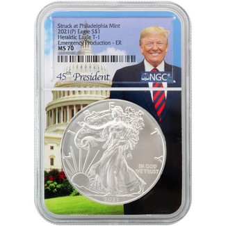 2021 (P) Struck at Philly Heraldic Silver Eagle 'Emergency Production' NGC MS70 ER Trump Core