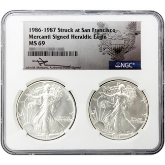 1986(S) & 1987(S) Struck at San Francisco Heraldic Silver Eagles NGC MS69 Mercanti Signed 2 Coin Set