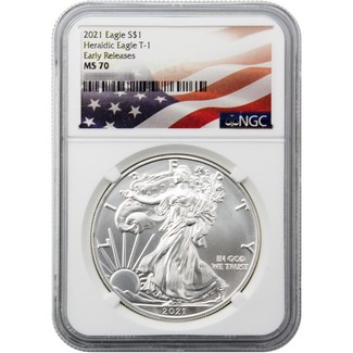 2021 Heraldic Silver Eagle NGC MS70 Early Releases Flag Label