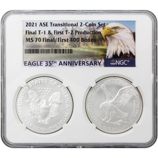 2021 Silver Eagle Transitional 2-Coin Set NGC MS70 Final Ty-1 & First Ty-2 Production Multiholder