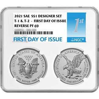 2021 Silver Eagle Reverse Proof Two-Coin Set NGC PF69 First Day Issue 1st Label Multiholder